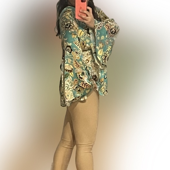 ZARA Boho Floral Kimono Oversized Blouse Top Robe Shirt Turquoise Tie Up Bow XL - Picture 9 of 16